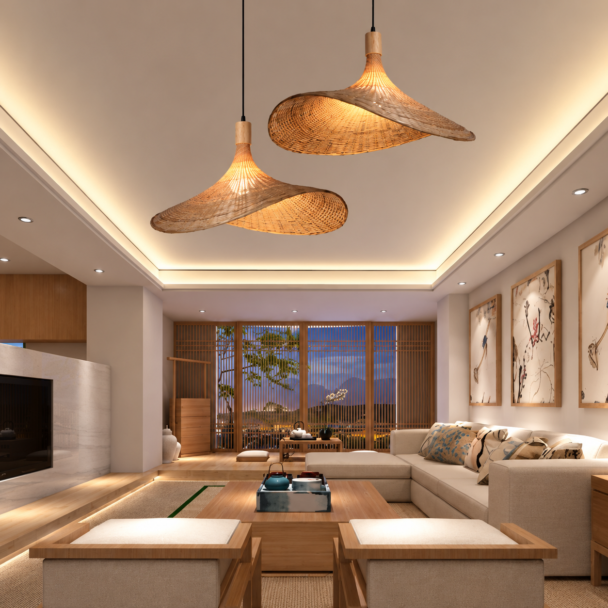 Lustre en bamboo pour salon et chambre
